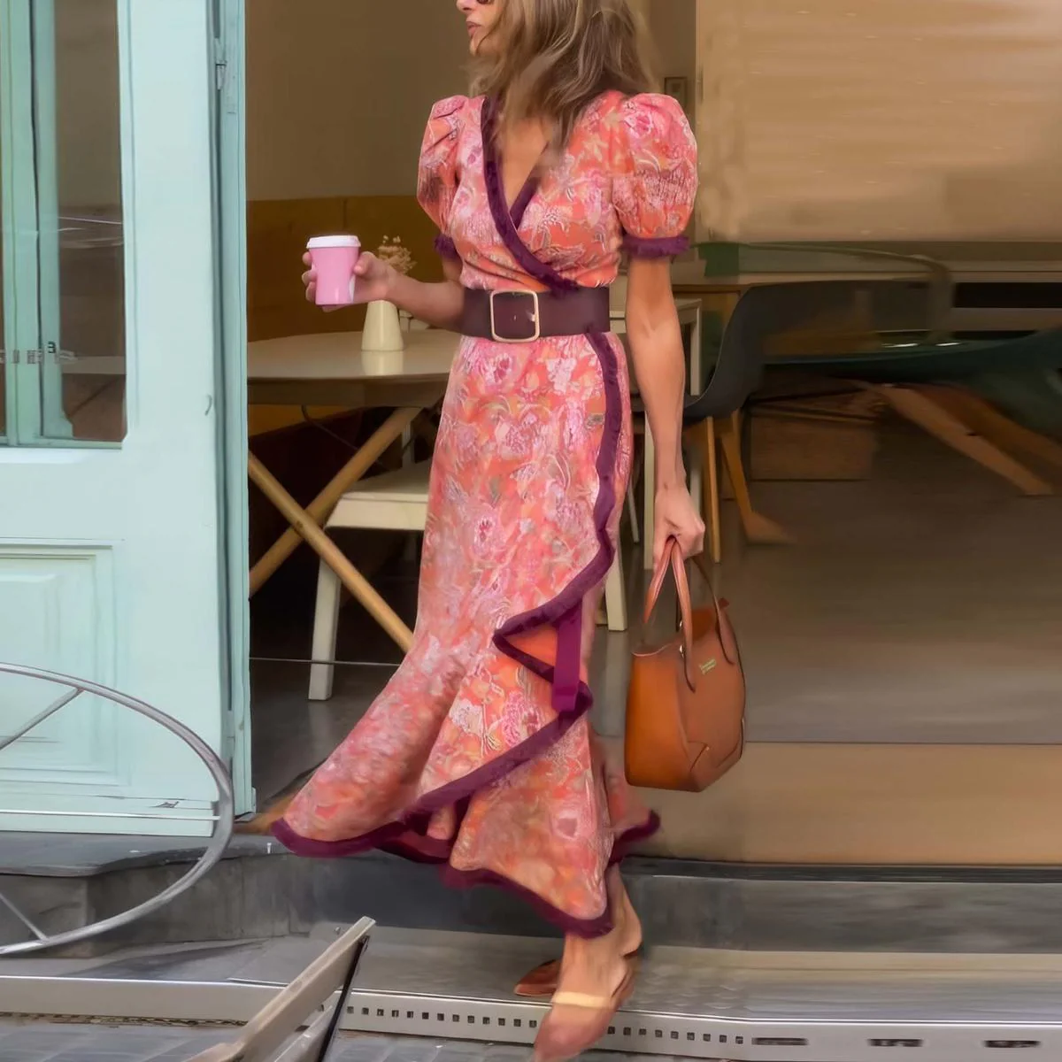 ANA | VESTIDO ELEGANTE LARGO ROSA CON MANGAS CORTAS