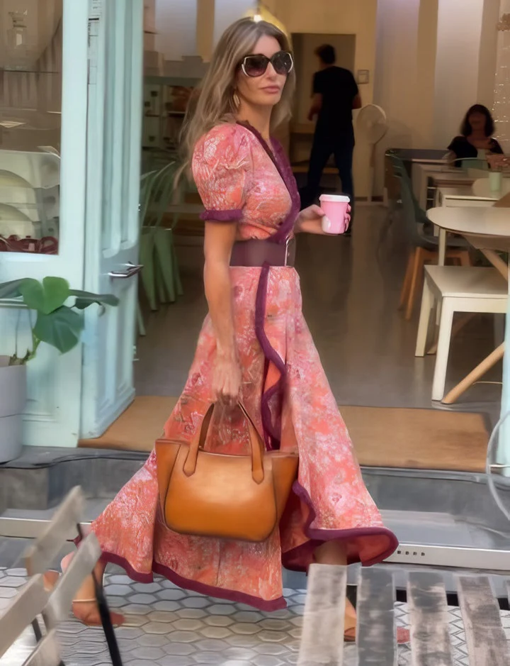 ANA | VESTIDO ELEGANTE LARGO ROSA CON MANGAS CORTAS