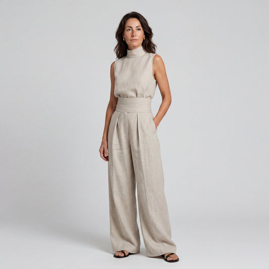 MARÍA | CONJUNTO DE CAMISETA SIN MANGAS Y PANTALONES ANCHOS DE ALGODÓN Y LINO, DE ESTILO MINIMALISTA