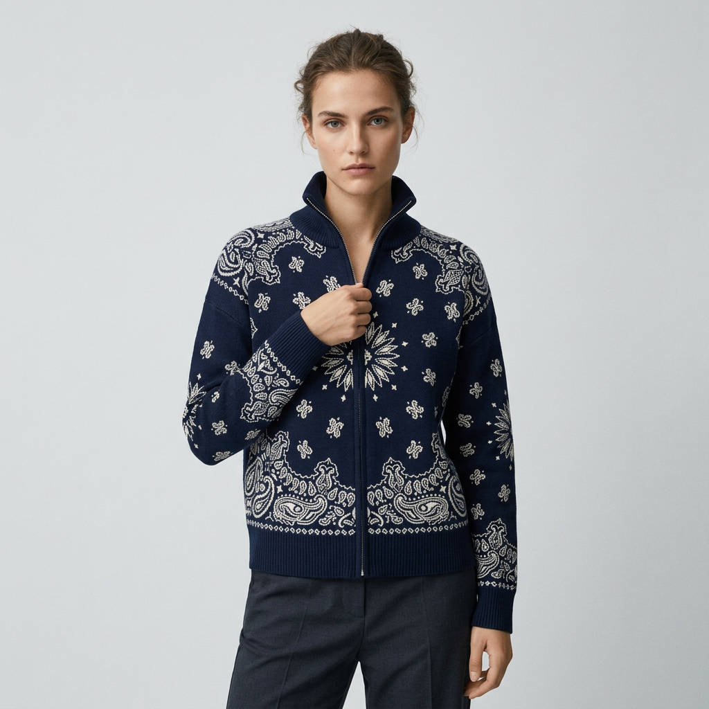 MÓNICA | CARDIGÁN CON CREMALLERA DE ESTAMPADO PAISLEY