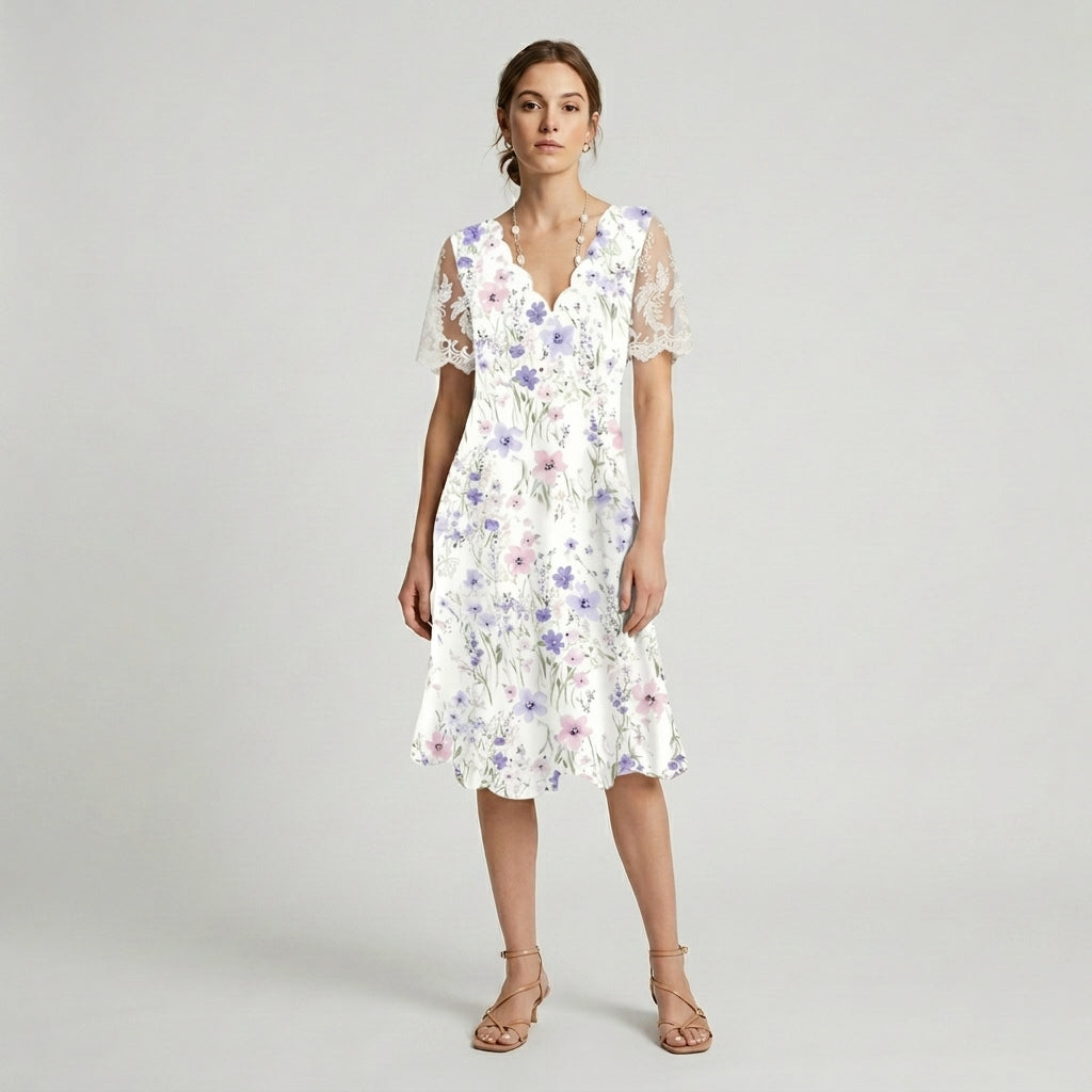 ELI | VESTIDO MIDI FLORAL CON MANGAS DE ENCAJE