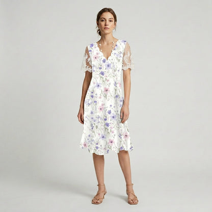 ELI | VESTIDO MIDI FLORAL CON MANGAS DE ENCAJE
