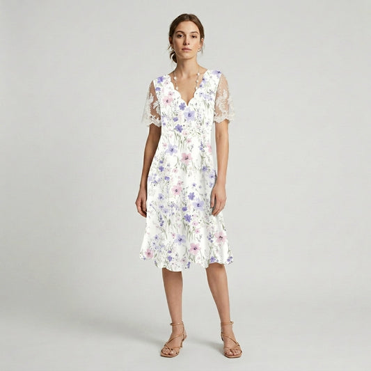 ELI | VESTIDO MIDI FLORAL CON MANGAS DE ENCAJE