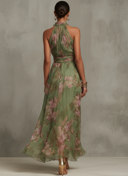 OLIVIA | VESTIDO LARGO CON CUELLO HALTER Y ESTAMPADO FLORAL